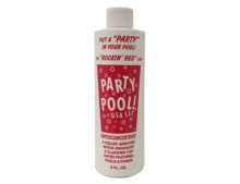 A red and white bottle of water with the words " party in your pool rockin red ".